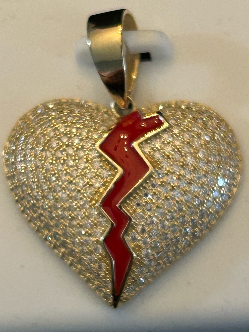 2.00CTW Moissanite Broken Heart 💔 Pendant w/Red Accent - Gold Over 925 SSilver